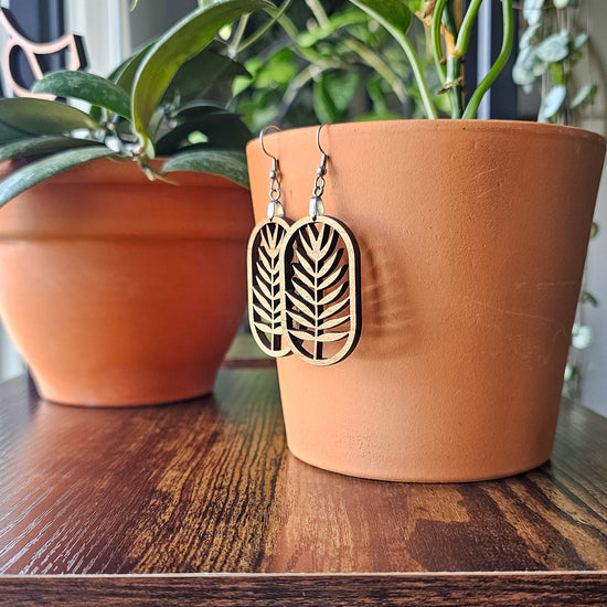 Botanical fern leaf dangle earrings, wood plant jewelry for women.