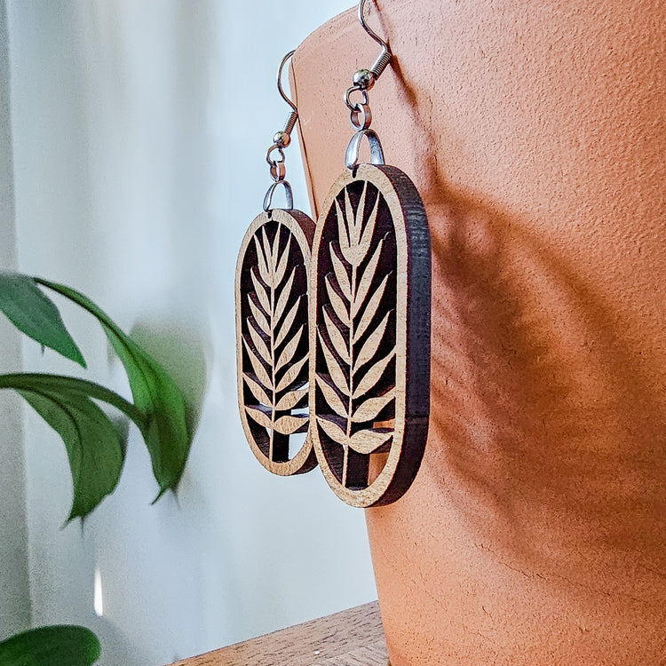 Botanical fern leaf dangle earrings, wood plant jewelry for women.