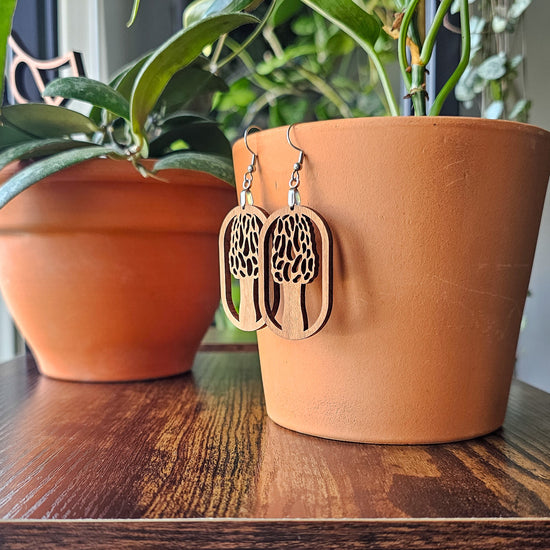 Morel Mushroom Earrings - Wood Dangle Plant Earrings