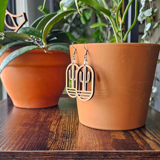 Wood cactus dangle earrings, jewelry gift idea for plant lovers.