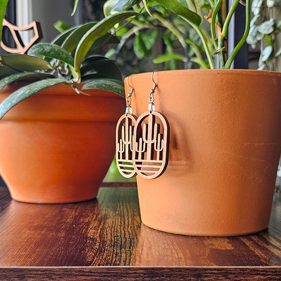 Wood cactus dangle earrings, jewelry gift idea for plant lovers.