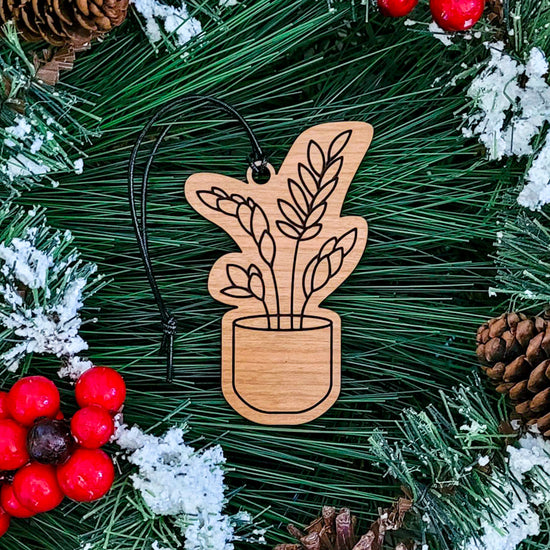Potted hanging houseplant Christmas ornament - perfect gift for plant lovers. Handmade and wood engraved.