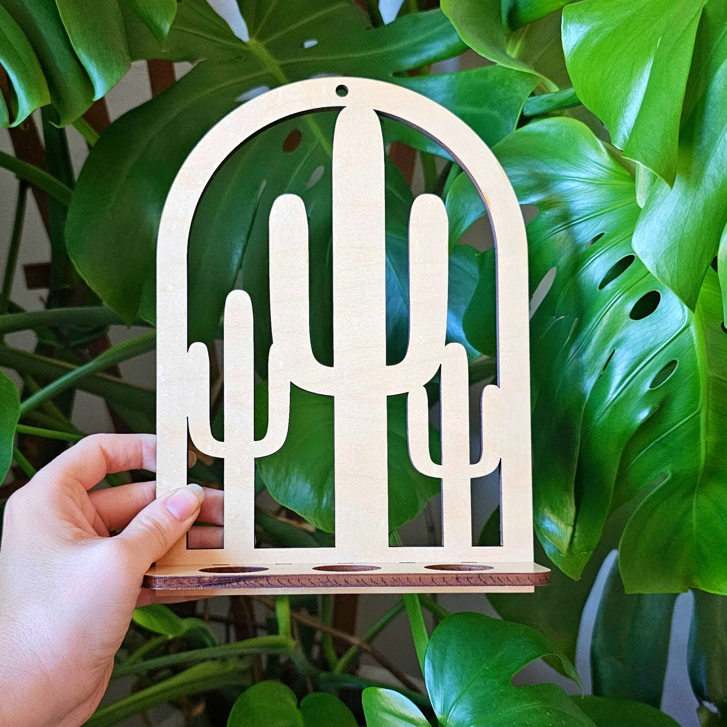 Wall mounted hanging propagation station for growing plant cuttings in water. Wood cut cactus design.