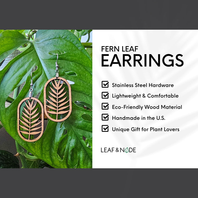 Botanical fern leaf dangle earrings, wood plant jewelry for women.