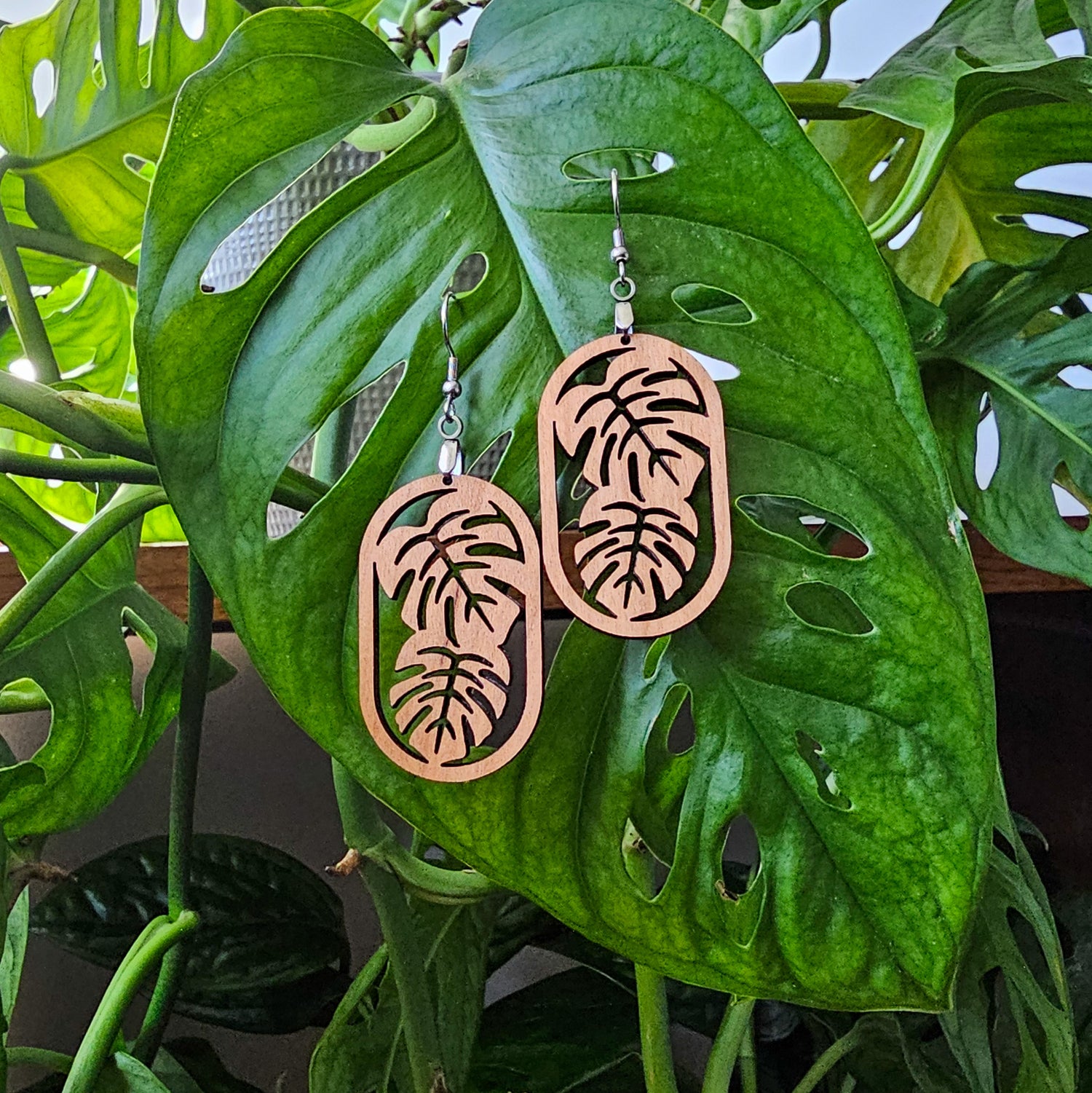 monstera leaf jewelry Botanical Monstera Leaf Dangle Earrings