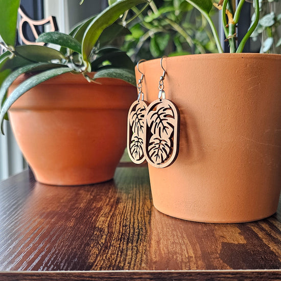 Monstera leaf botanical earrings, wood plant jewelry gift for women.