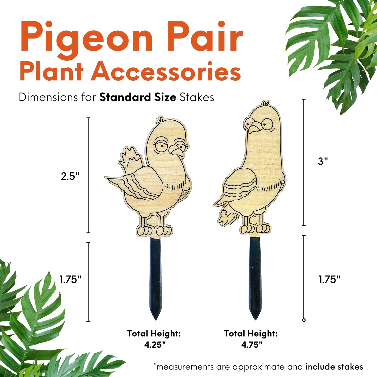 Indoor plant accessory - pair of pigeon birds engraved in wooden houseplant stake decorations.