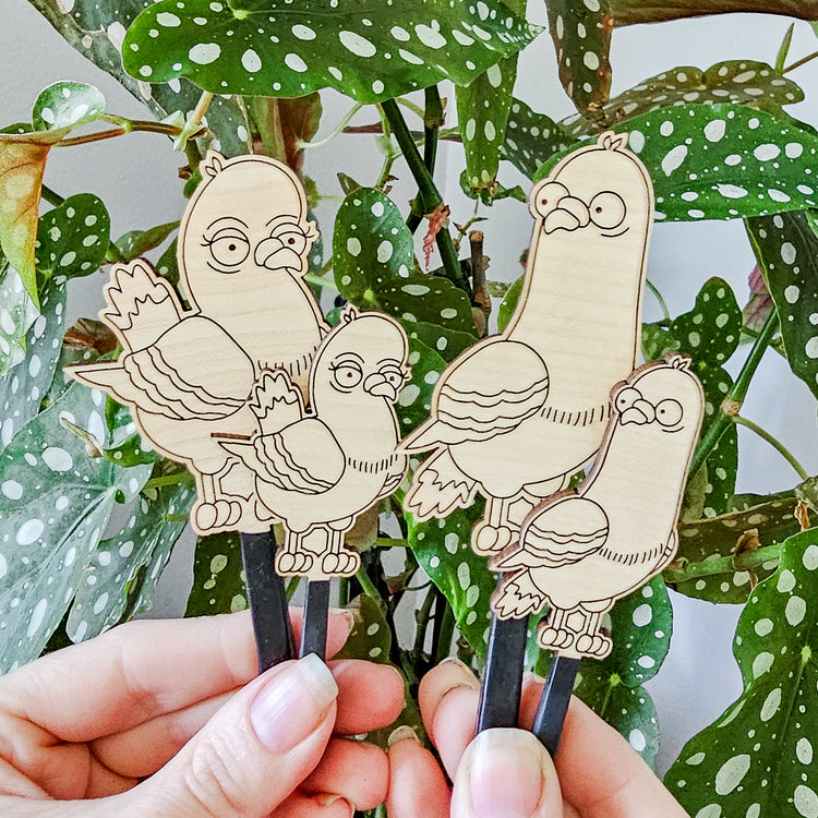 Indoor plant accessory - pair of pigeon birds engraved in wooden houseplant stake decorations.
