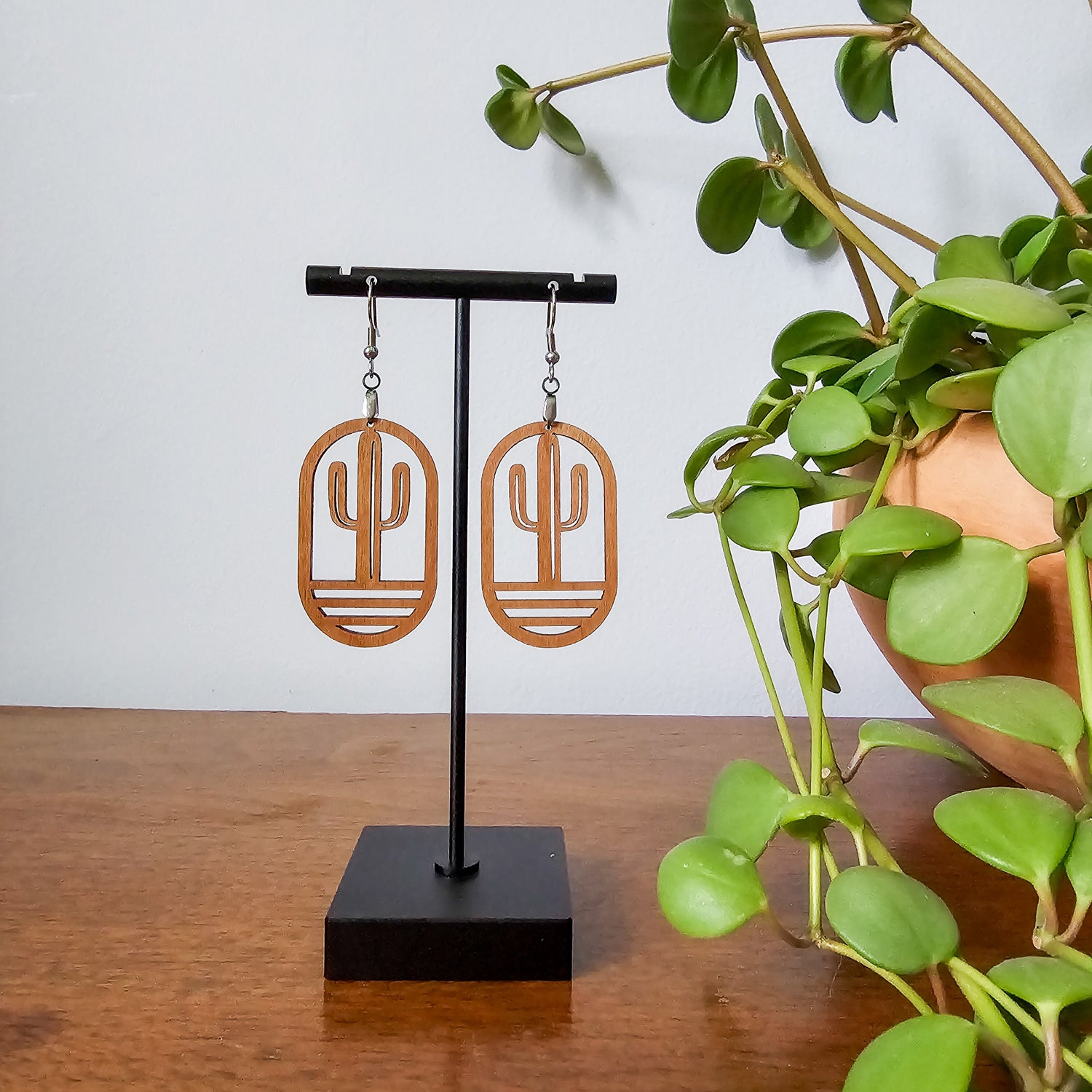 hanging plant earrings Cactus Wood Dangle Drop Earrings