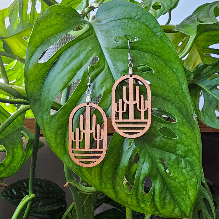 Wood cactus dangle earrings, jewelry gift idea for plant lovers.