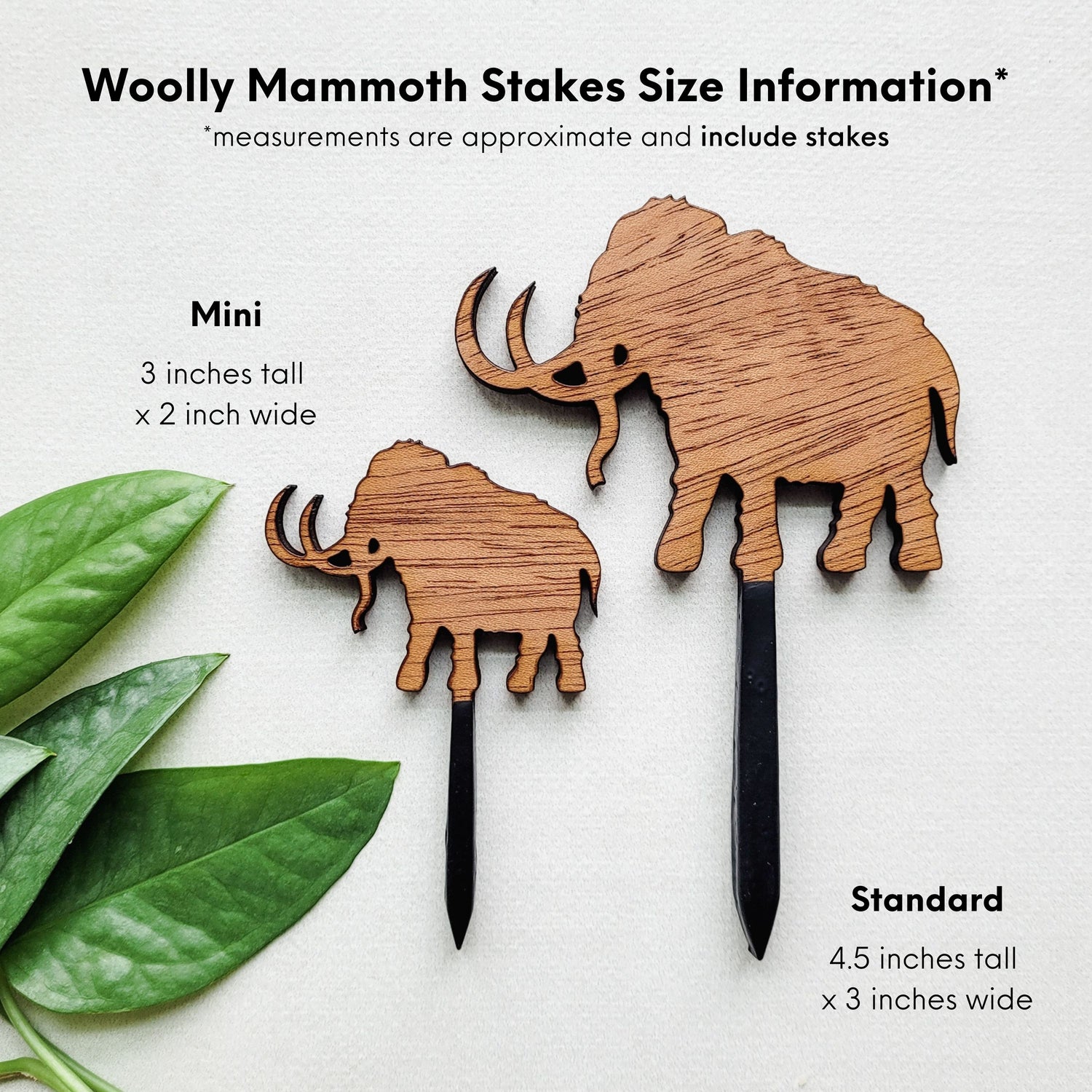 Standard and Mini wooden Woolly Mammoth plant stakes on white background with size information that matches the written description.