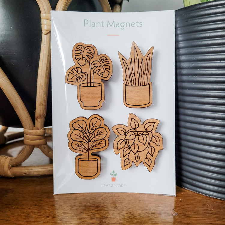 Four handcrafted magnets featuring different houseplant designs engraved in cherry wood displayed in product packaging sitting on an end table with two houseplants.