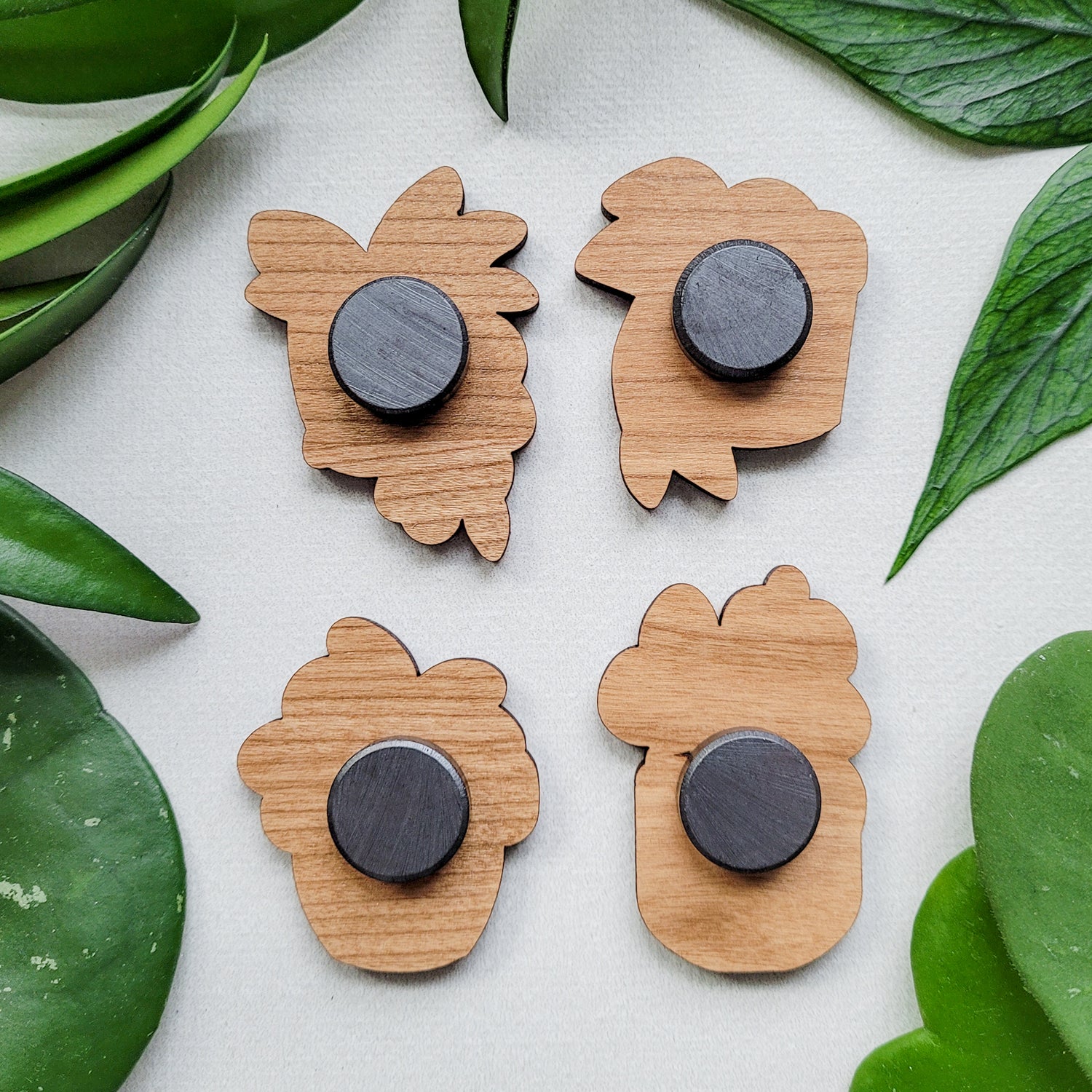 Backs of four handcrafted magnets featuring different hoya plant designs engraved in cherry wood.