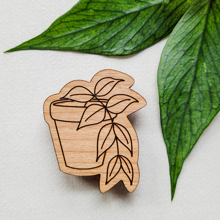 Handcrafted magnet featuring a hoya polyneura plant engraved in cherry wood held against a plant leaf.