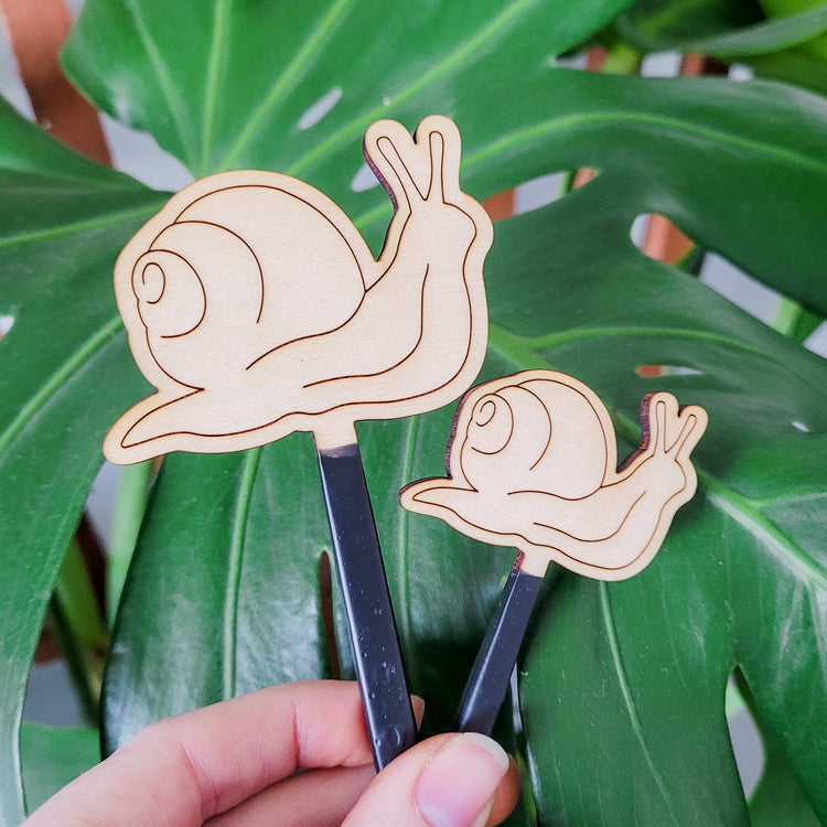 Decorative plant stake accessories featuring a snail engraved in light wood. Both size options held in hand with monstera leaf in the background.