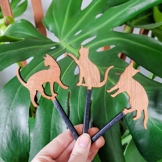 Decorative plant stake accessories featuring a three cat silhouettes cut from dark mahogany wood held in hand with monstera leaf in the background.