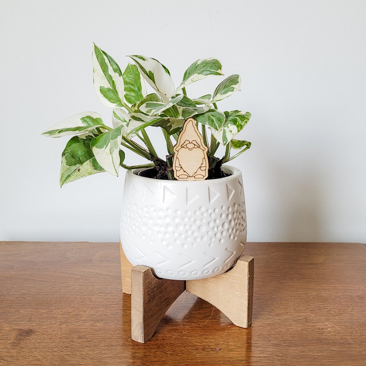 Single mini gnome decorative plant stake displayed in a white 3 inch pot with a pothos plant.
