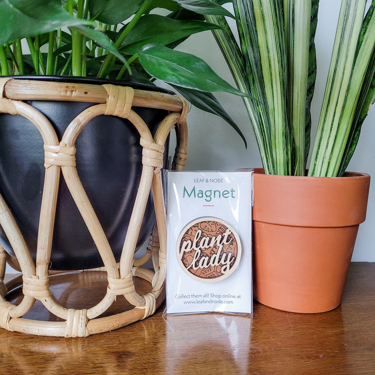 Handcrafted wooden magnet with the text "Plant Lady" cut from light colored wood on a darker wood background with an engraved monstera leaf pattern. Displayed in product packaging sitting on an end table with two houseplants.