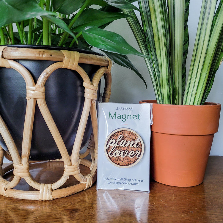 Handcrafted wooden magnet with the text "Plant Lover" cut from light colored wood on a darker wood background with an engraved monstera leaf pattern. Displayed in product packaging sitting on an end table with two houseplants.