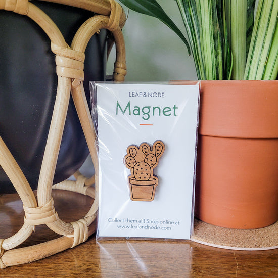 Handcrafted magnet featuring an opuntia cactus engraved in cherry wood in product packaging sitting on an end table with two houseplants.