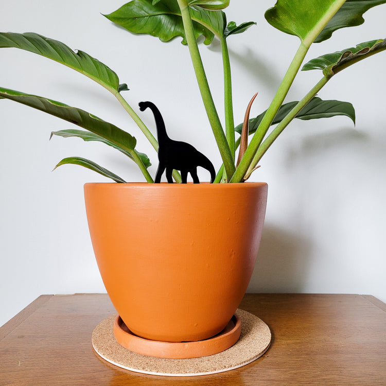 Standard size Brachiosaurus plant stake made from black acrylic displayed in a 6 inch pot with a houseplant.