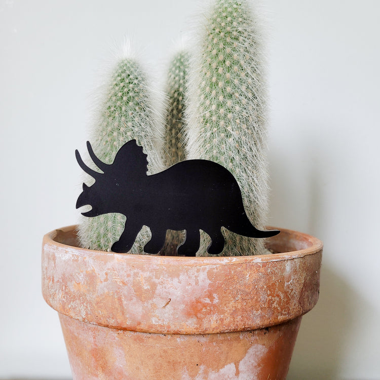 Standard size Triceratops plant stake made from black acrylic displayed in a 6 inch pot with a houseplant.