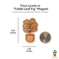 Engraved fiddle leaf fig magnet on white background with size information that matches the written product description.