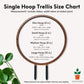 Size chart for mini, small, medium, and large sizes of the round circle single hoop wooden indoor plant trellises.