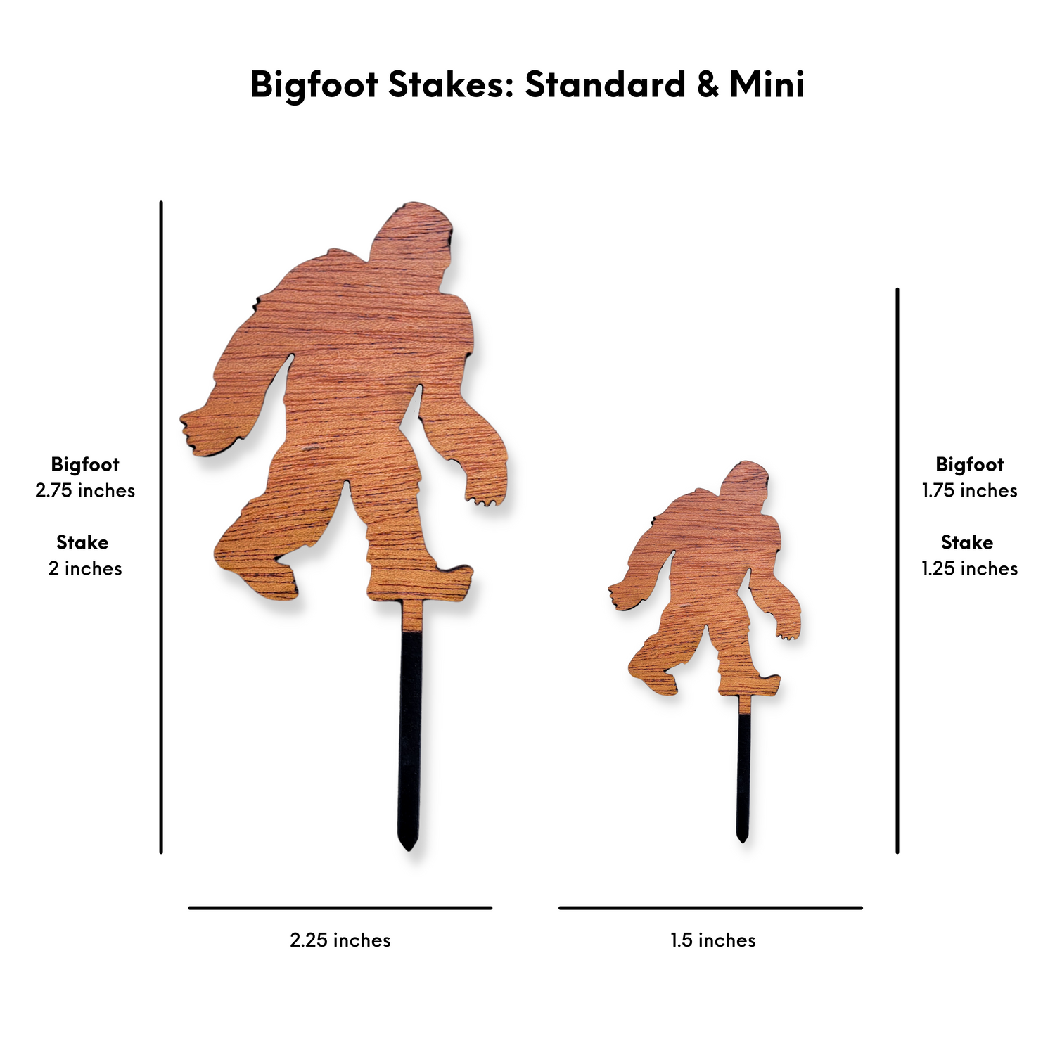 Size chart for bigfoot decorative plant stakes. Two size options against a white background with measurement labels reflecting those in the written description.