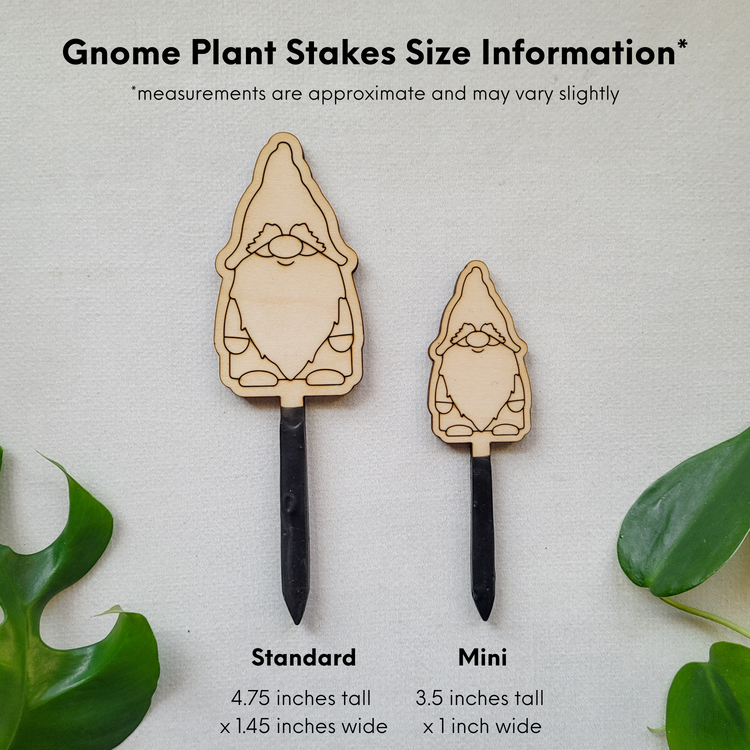 Size chart for gnome decorative plant stakes. Two size options against a white background with measurement labels reflecting those in the written description.