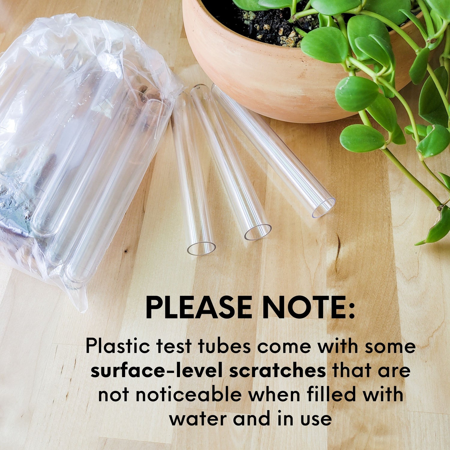 Photo of plastic test tubes on a wooden surface with a vining plant. Text overlay notes that tubes come with surface level scratches that are not noticeable when item is in use.