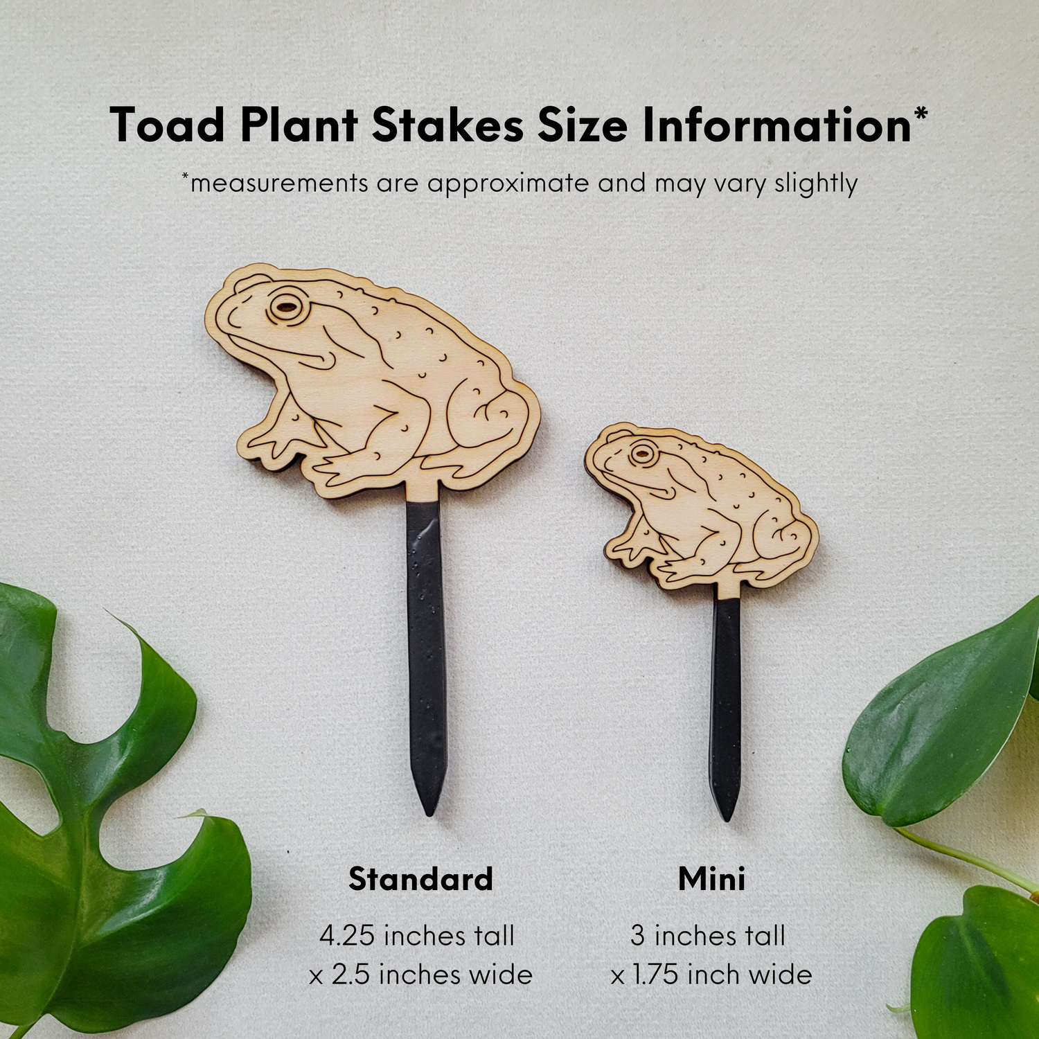 Size chart for toad decorative plant stakes. Two size options against a white background with measurement labels reflecting those in the written description.