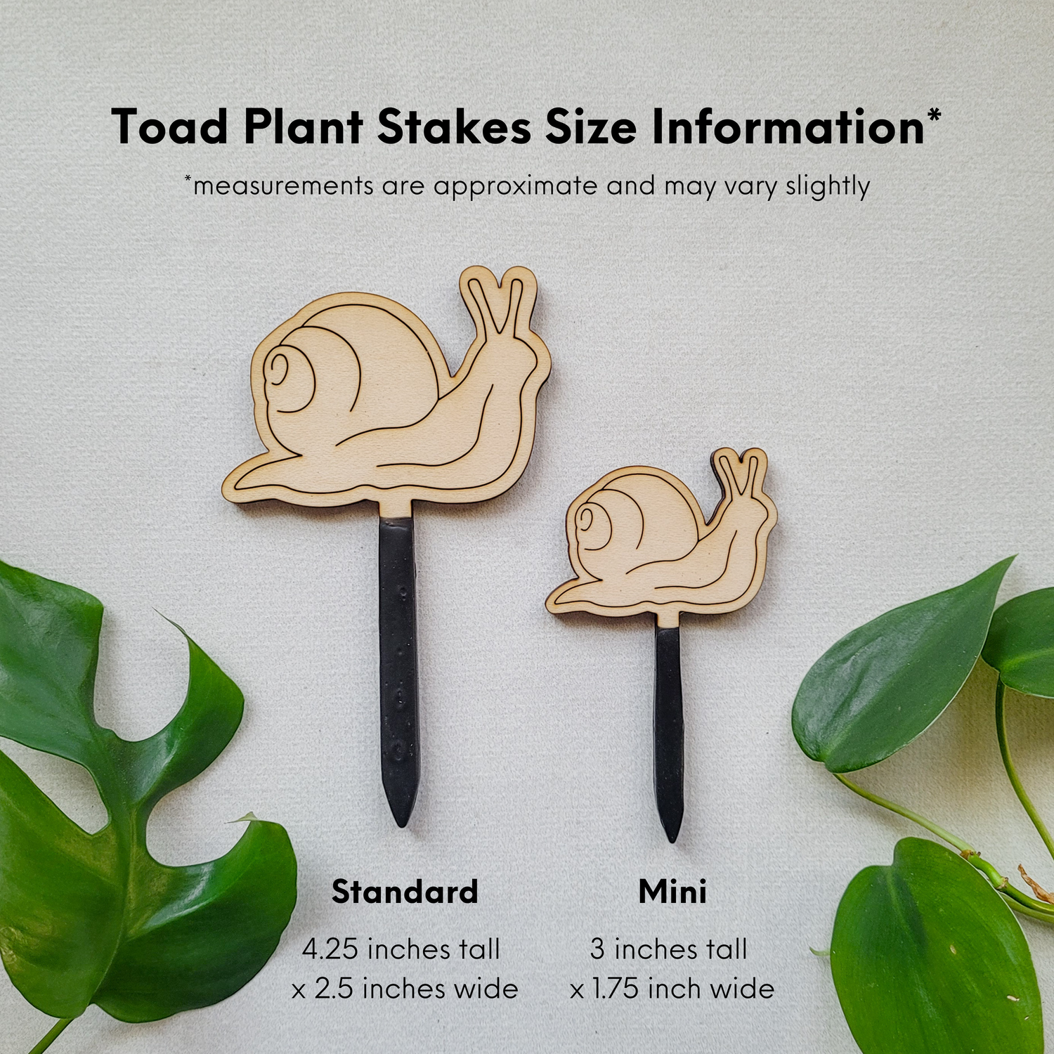 Size chart for snail decorative plant stakes. Two size options against a white background with measurement labels reflecting those in the written description.
