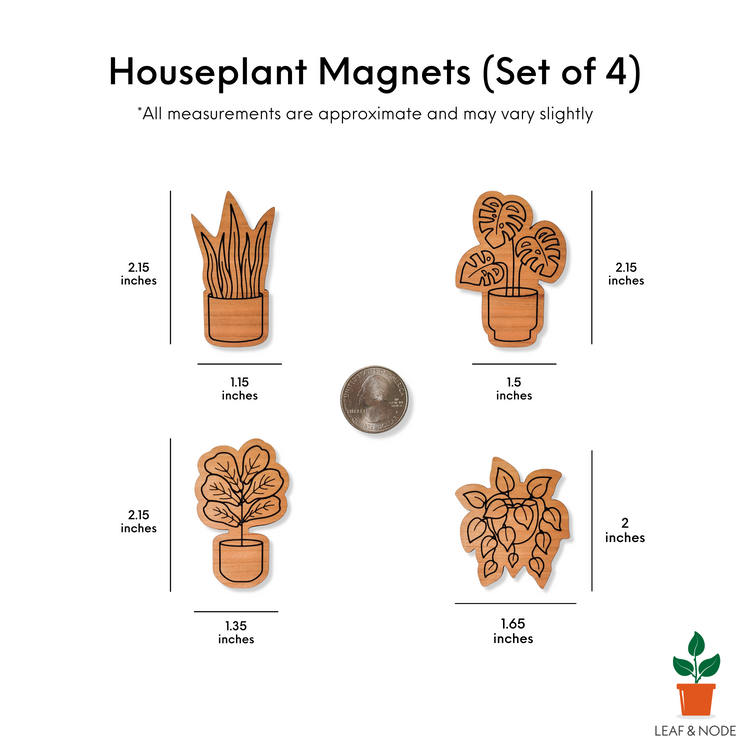 Engraved houseplant magnets displayed on a white background with size information that matches measurements in the written description.