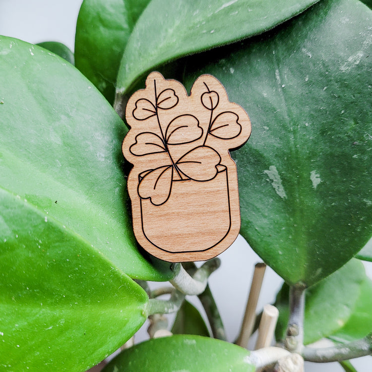 Handcrafted magnet featuring a hoya kerrii engraved in cherry wood against leaves from the plant.