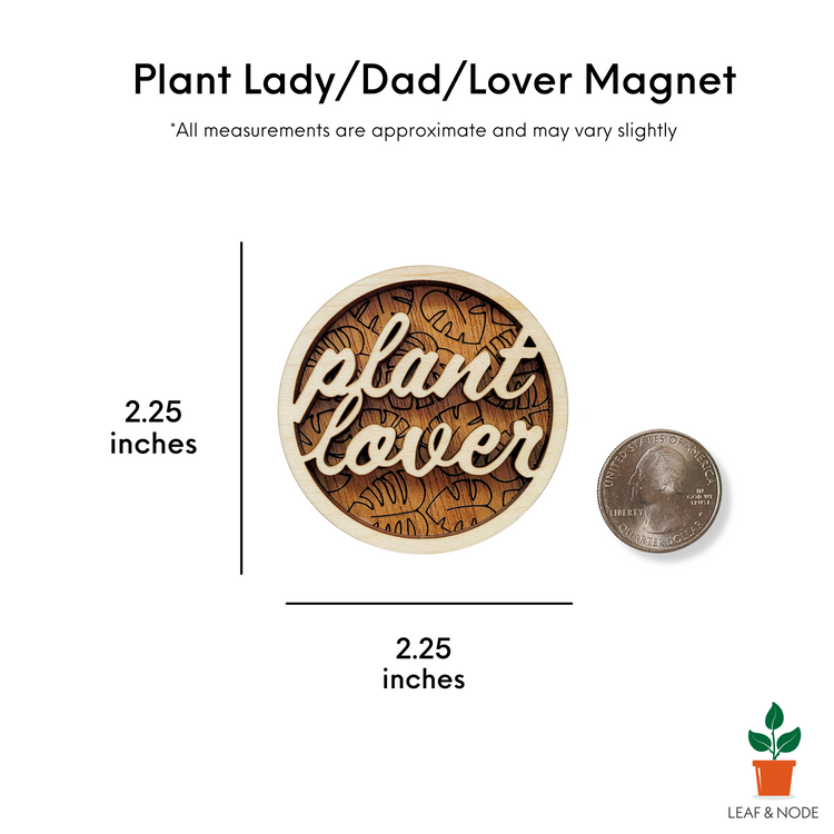 Wooden "Plant Lover" magnet cut displayed on a white background with size information that matches measurements in the written description.