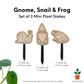 Size chart for snail, toad, and frog decorative plant stakes. Products shown against a white background with measurement labels reflecting those in the written description.